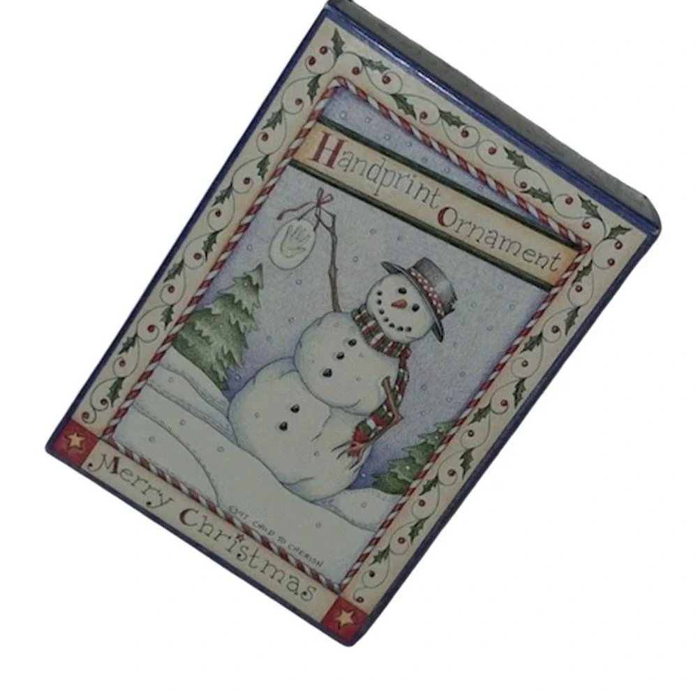 Vintage Merry Christmas Snowman baby Handprint Ornament Holiday Decor NIB gift